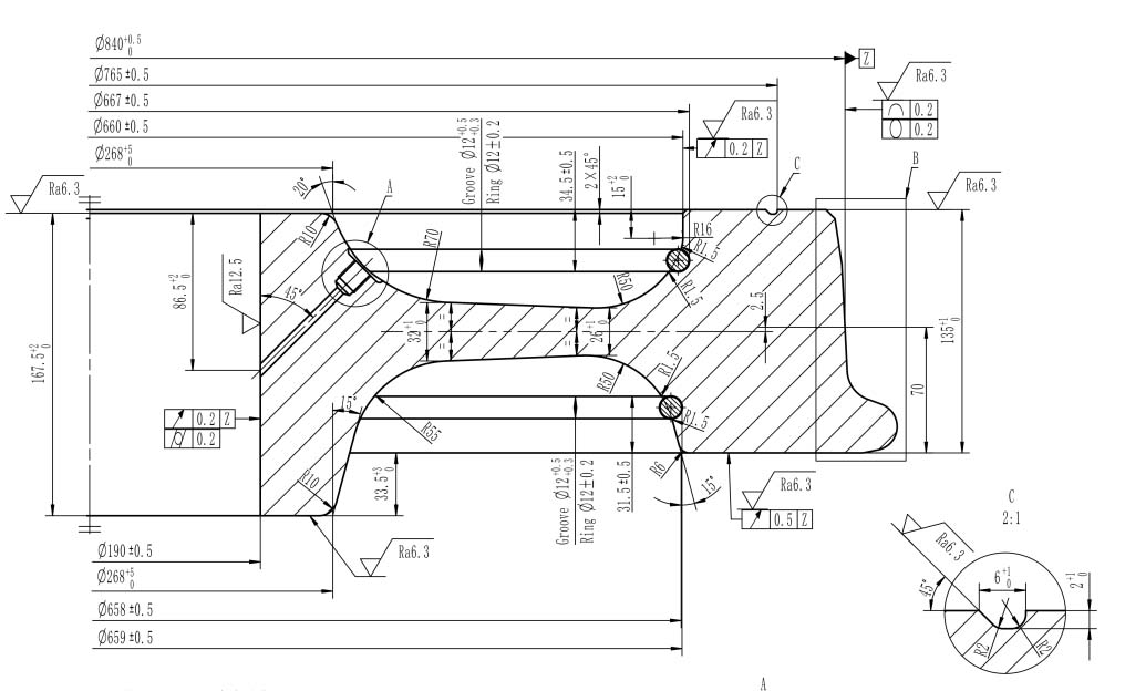 Dibujo de ruedas de vagón de ferrocarril de 840 mm.