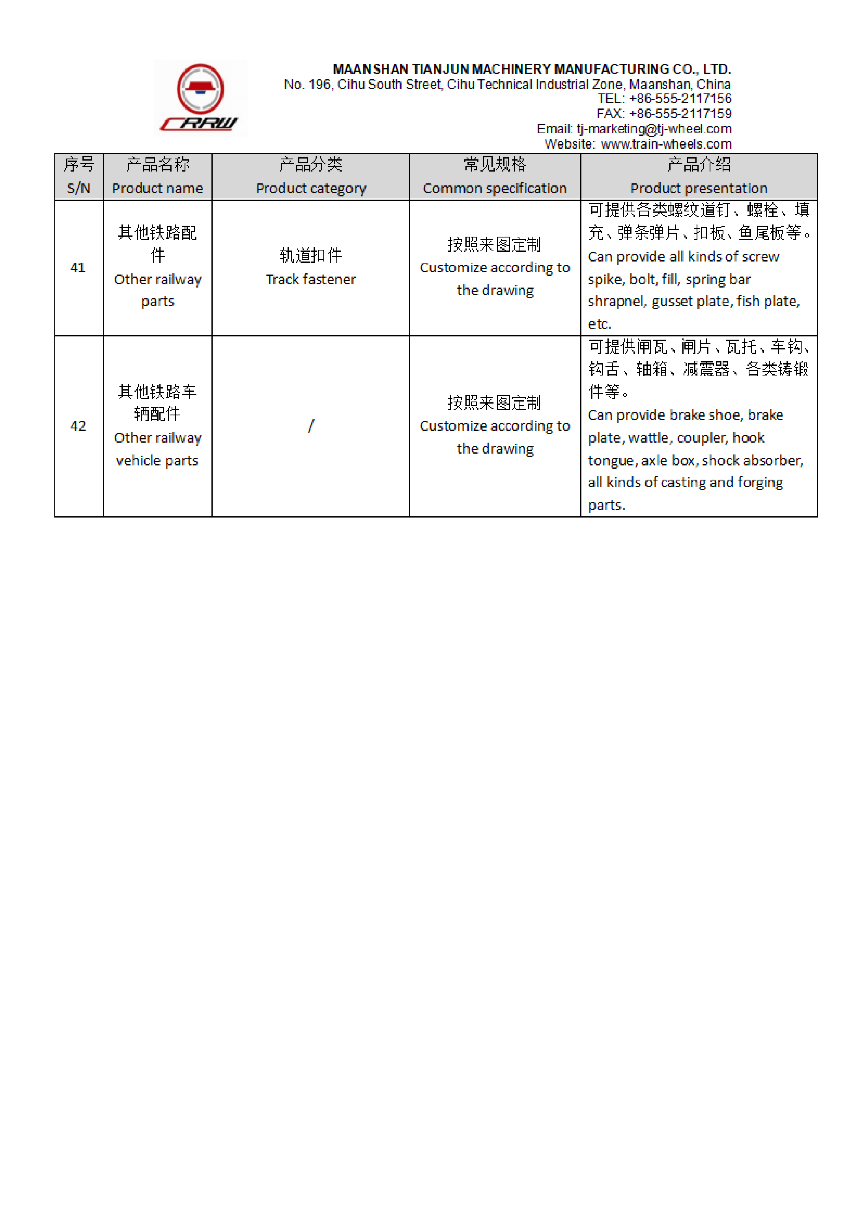 Lista de productos de Maanshan Tianjun